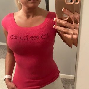EUC Bebe Hot Pink Rhinestone Logo Ribbed Tee